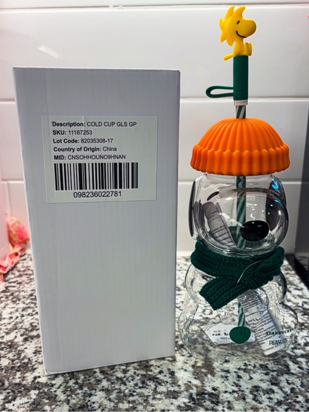 Peanuts Clear Snoopy Glass Cup with Orange Lid and Green Straw Accent